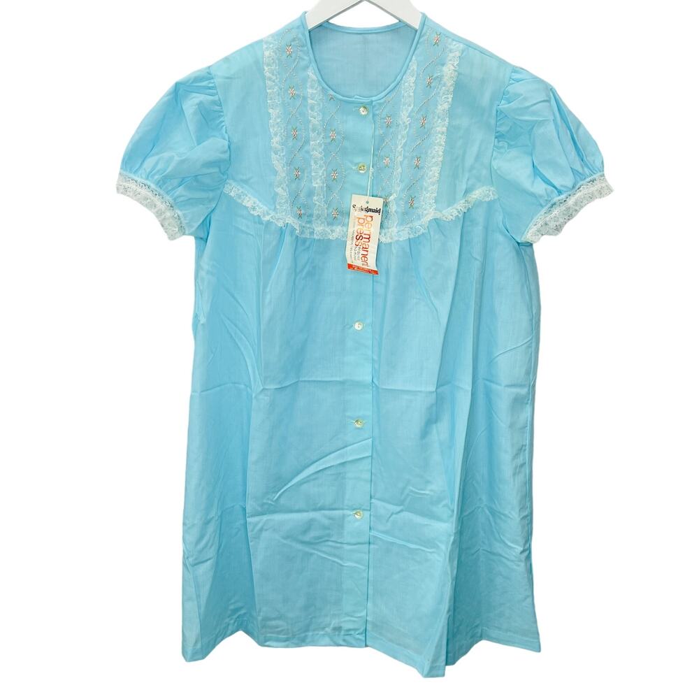 Vintage Springmaid 60s Nightgown Robe Size L Blue Short Sleeve Ruffle New